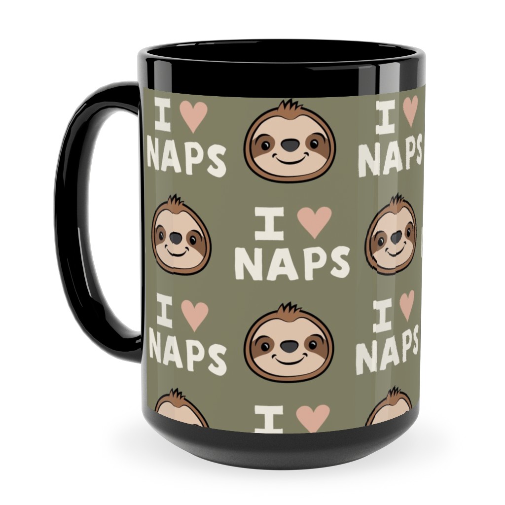 I Heart Naps - Cute Sloths - Olive Green Ceramic Mug, Black,  , 15oz, Green