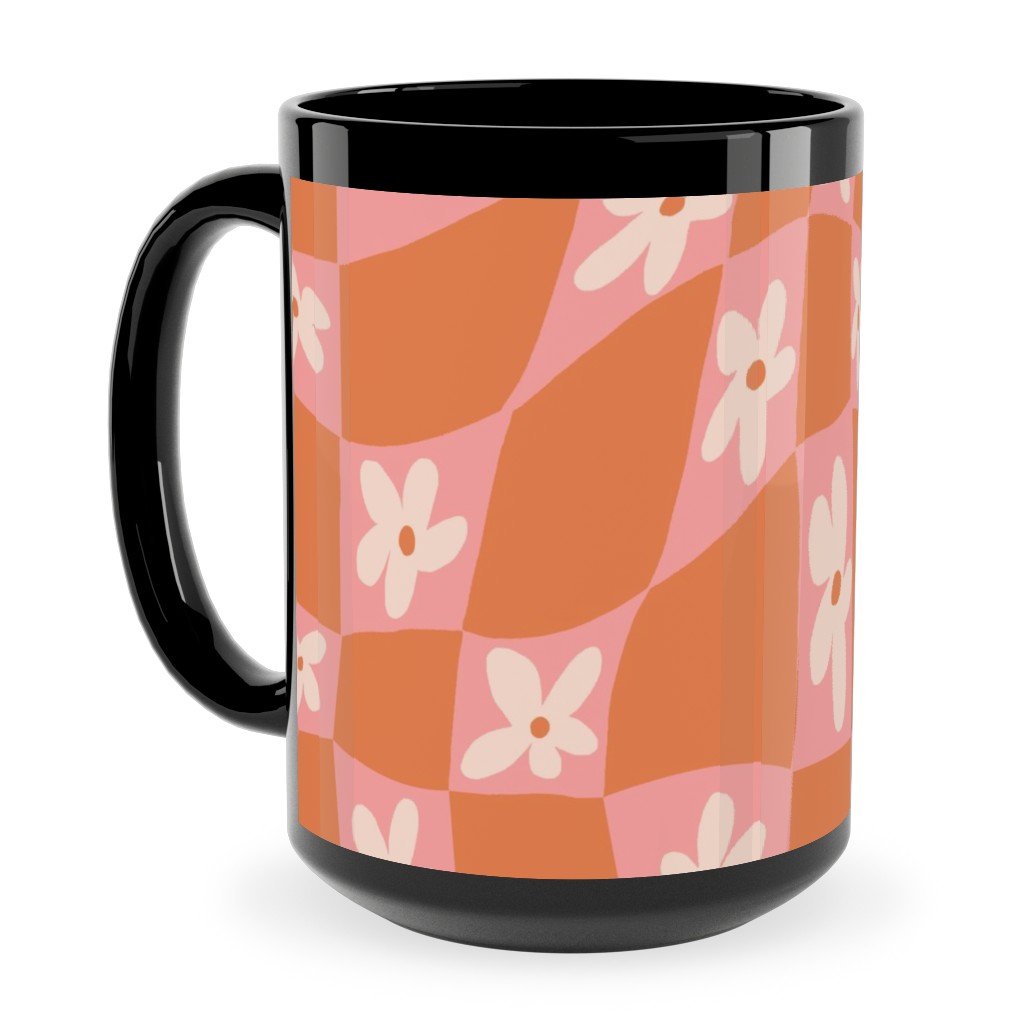 Trippy Chamomile - Floral - Orange and Pink Ceramic Mug, Black,  , 15oz, Orange