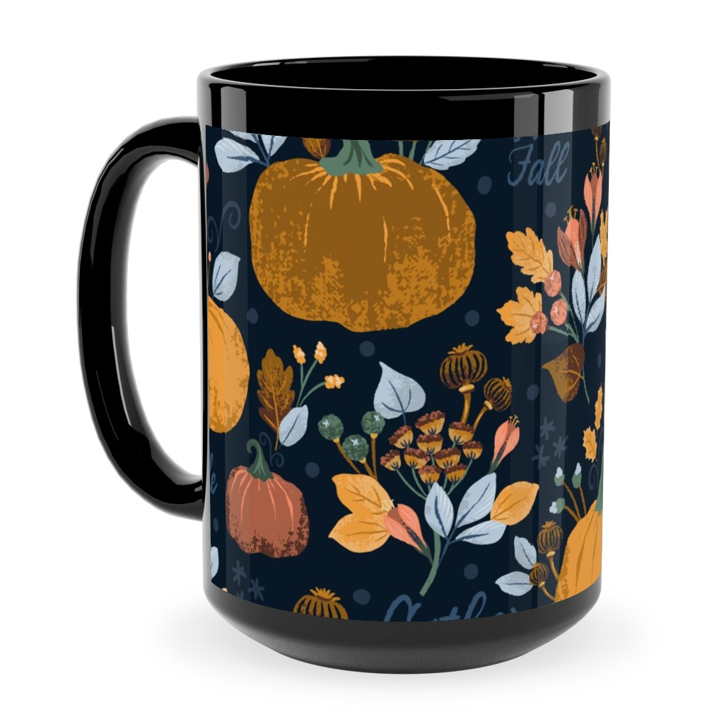 Smaller Scale Elegant Navy Fall Floral - Harvest Gratitude + Cozy Petal Solids Ceramic Mug, Black,  , 15oz, Orange