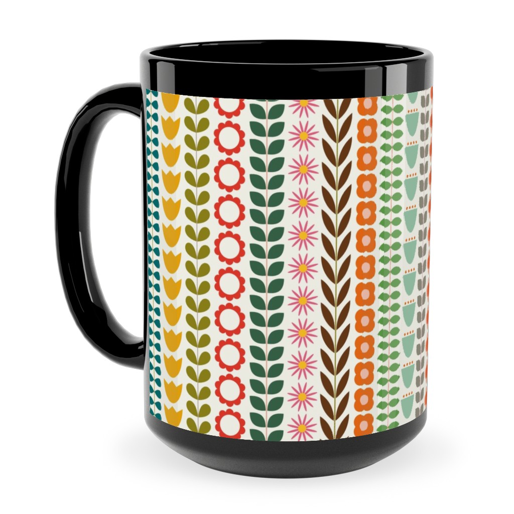 Scandinavian Folk Stripe - Multi Ceramic Mug, Black, , 15oz, Multicolor