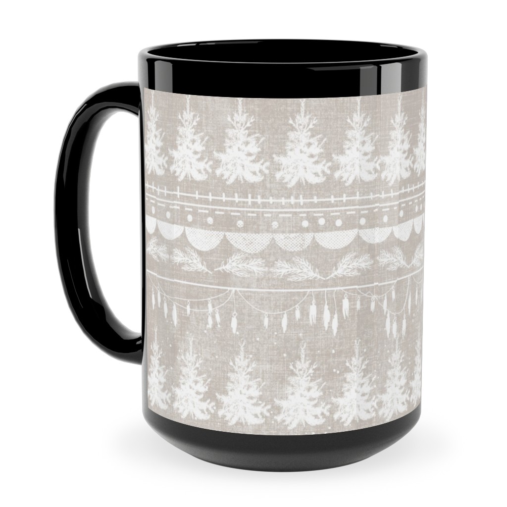 Vintage Christmas Stripe Ceramic Mug, Black, , 15oz, Gray, Pebble