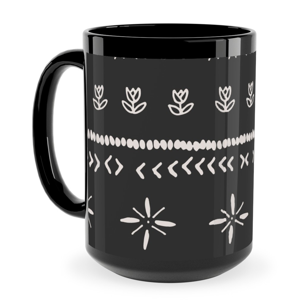 Boho Print Ceramic Mug, Black,  , 15oz, Black