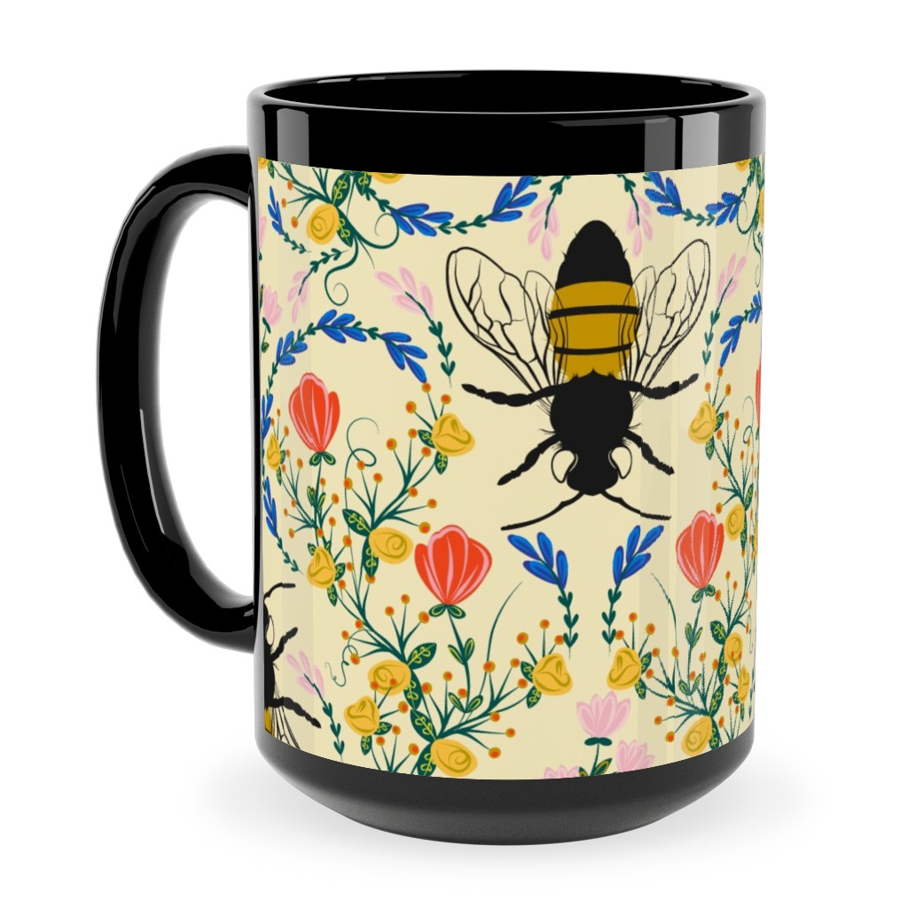 Bee Garden - Multi on Cream Ceramic Mug, Black,  , 15oz, Yellow