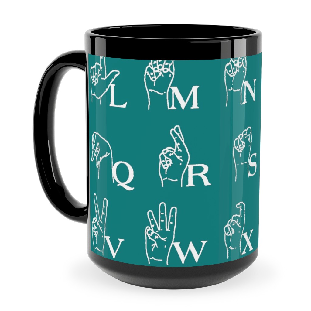 Sign Language Alphabet Ceramic Mug, Black, , 15oz, Green, Jewel