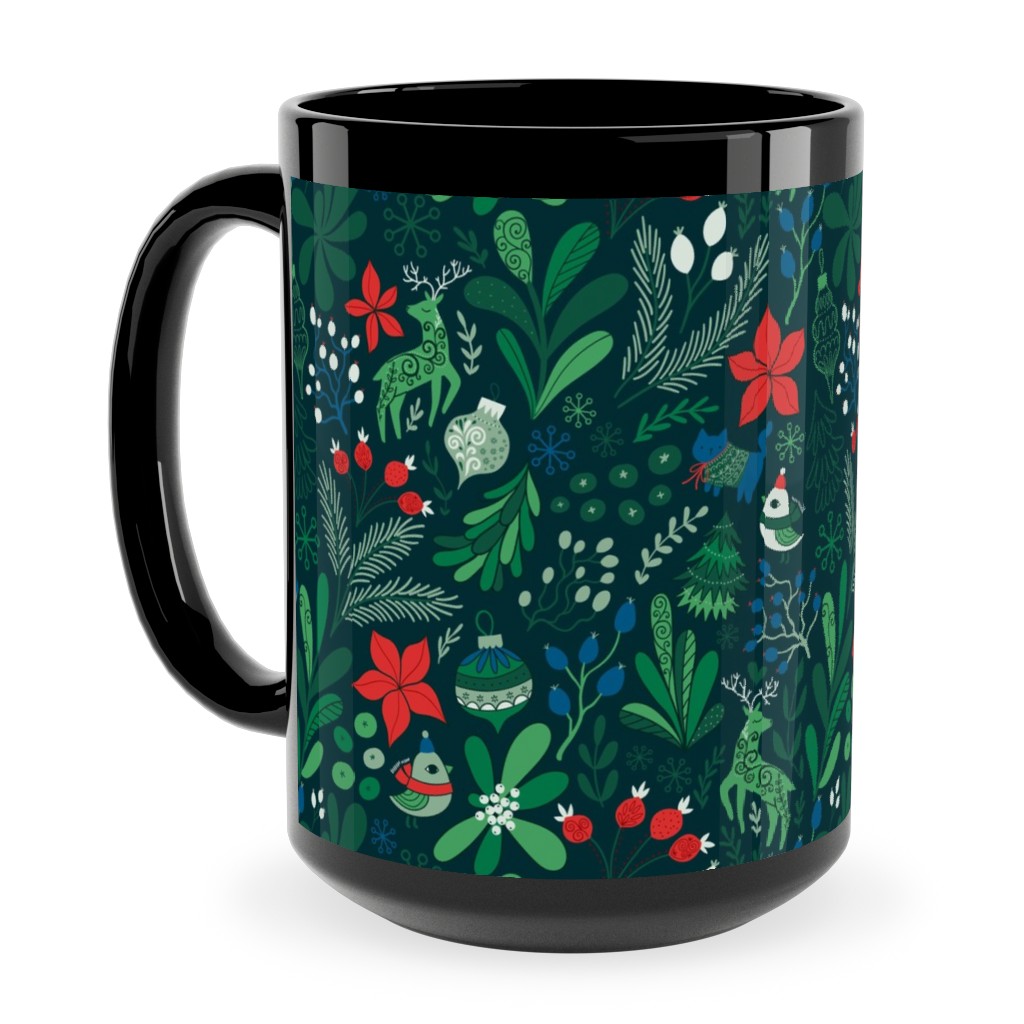 Merry Christmas Floral - Dark Ceramic Mug, Black, , 15oz, Green, Classic Green