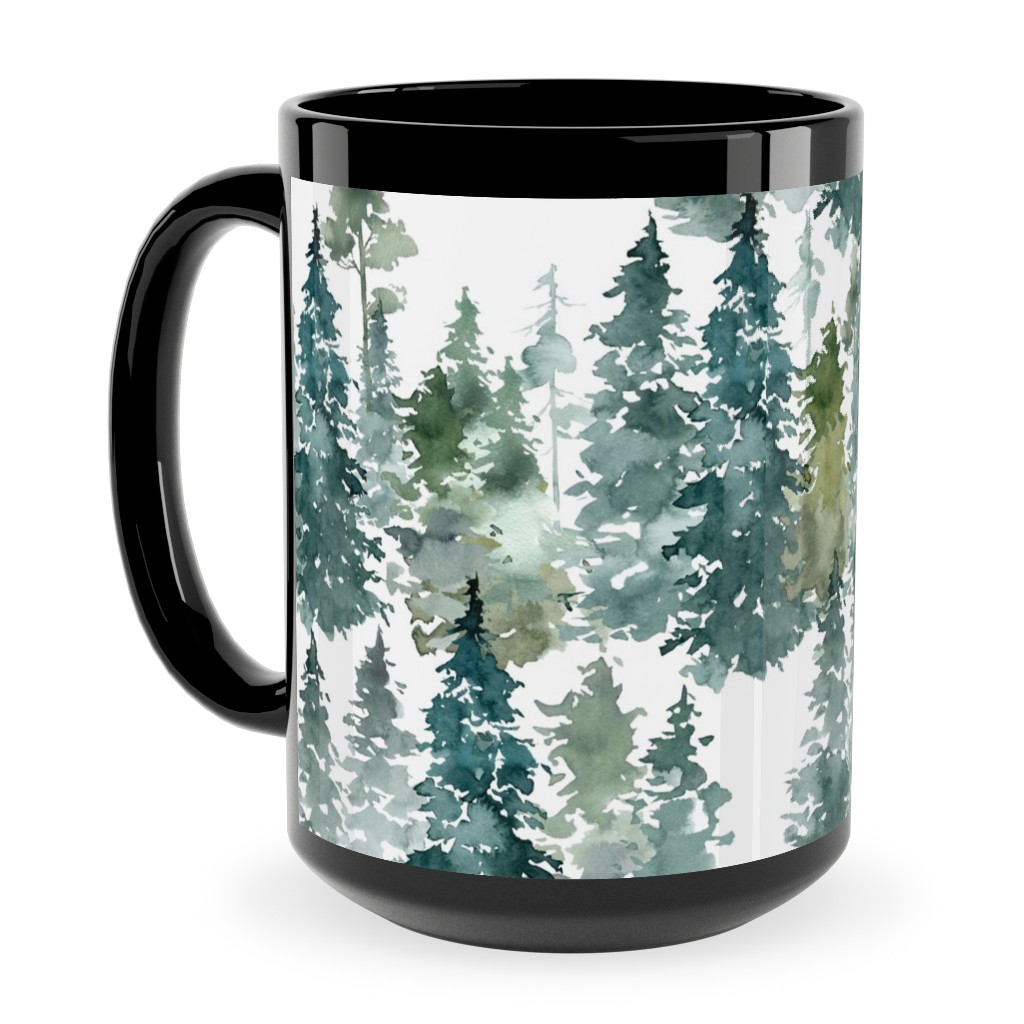 Woodland Trees Watercolor - White Ceramic Mug, Black, , 15oz, Green, Classic Green