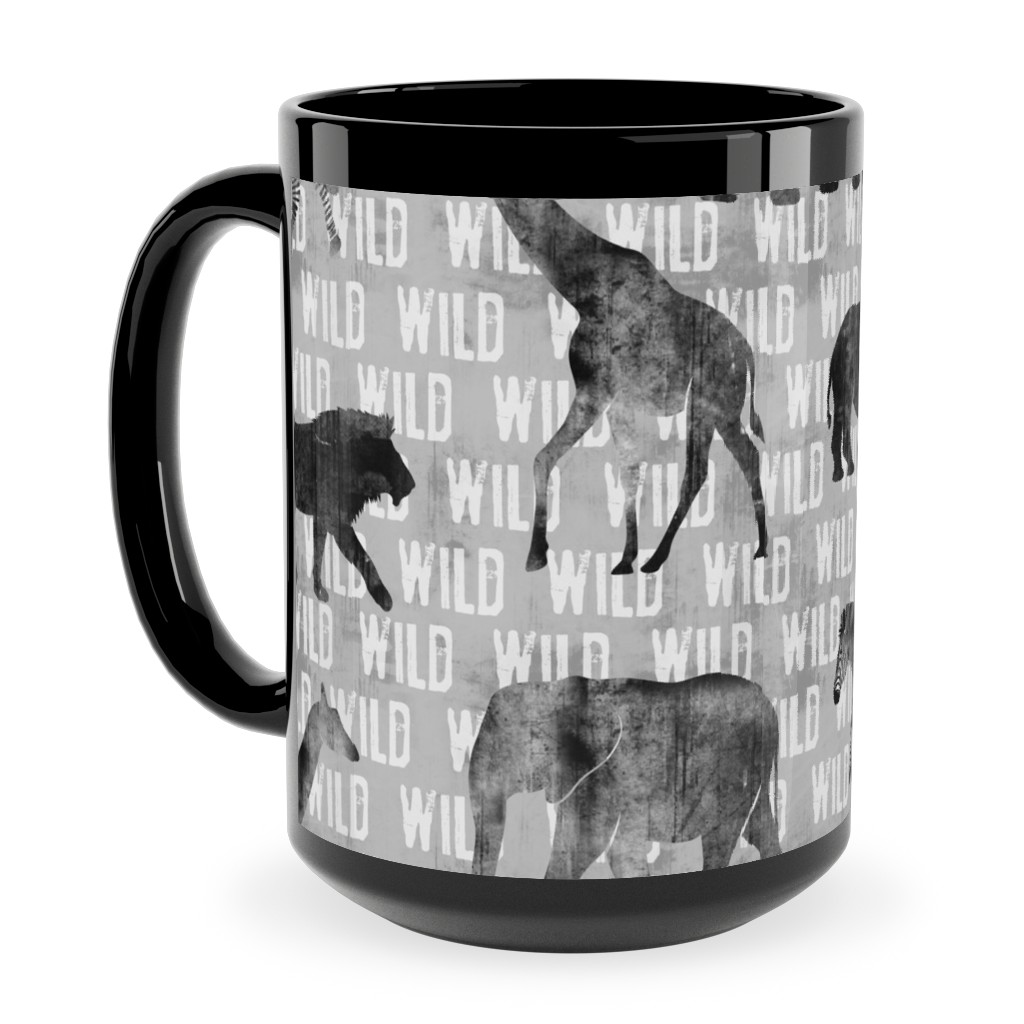 Wild Safari Animals - Grey Ceramic Mug, Black, , 15oz, Gray, Gray