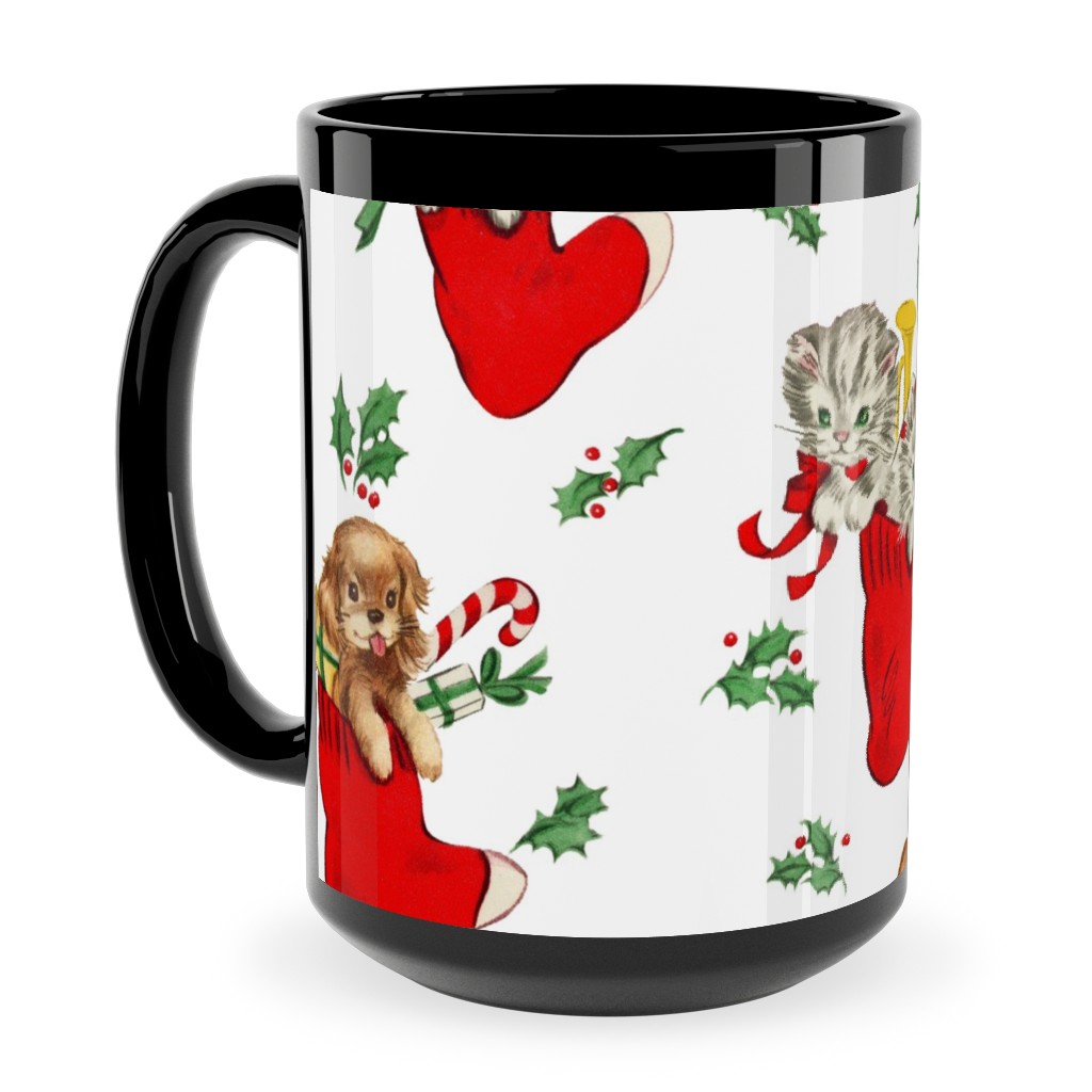 Vintage Christmas Kittens and Puppies Ceramic Mug, Black,  , 15oz, Multicolor