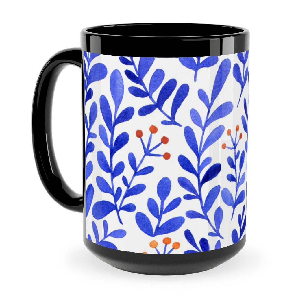 Leaves - Blue Ceramic Mug, Black, , 15oz, Blue, True Blue
