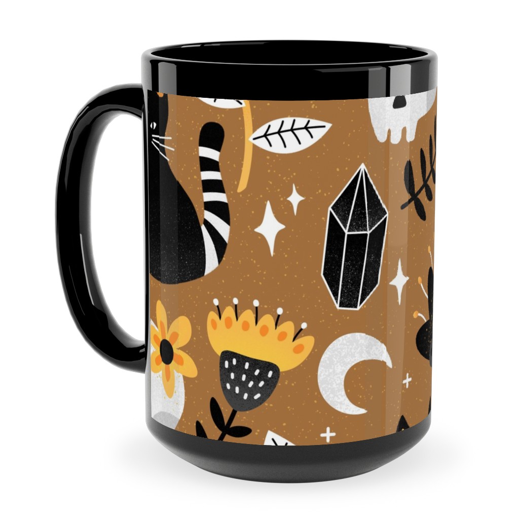 Black Cat & Floral Skull Ceramic Mug, Black,  , 15oz, Brown