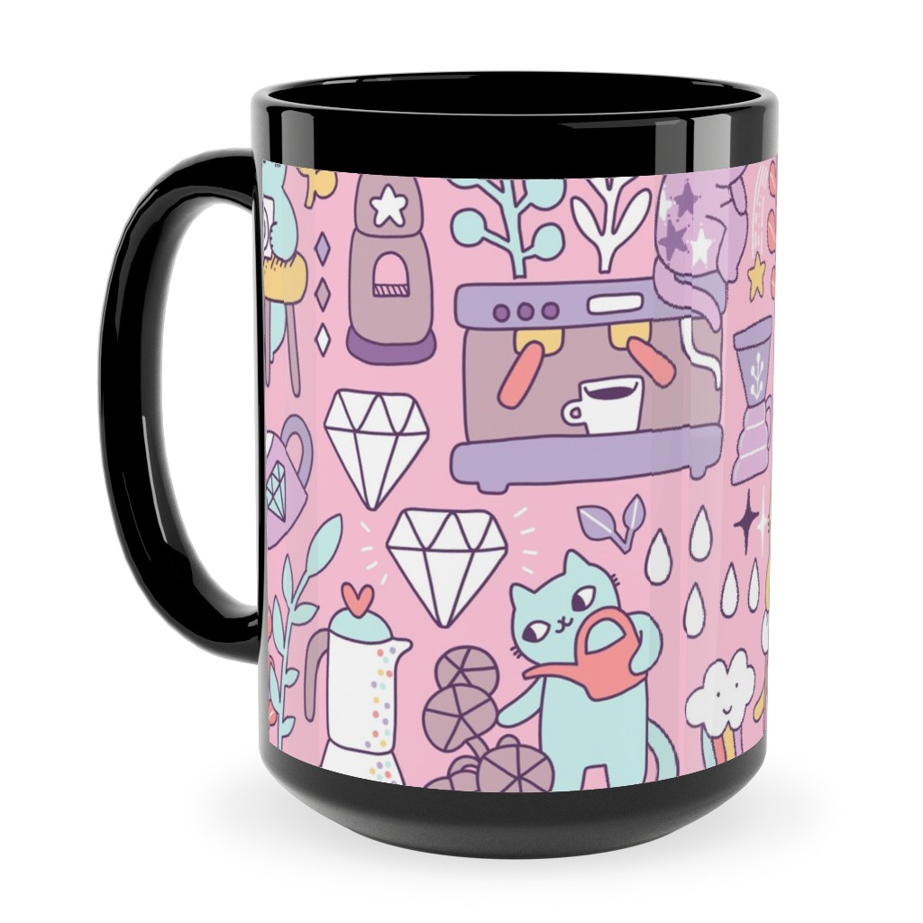 Cute Cats - Multicolor Pastel Ceramic Mug, Black,  , 15oz, Pink