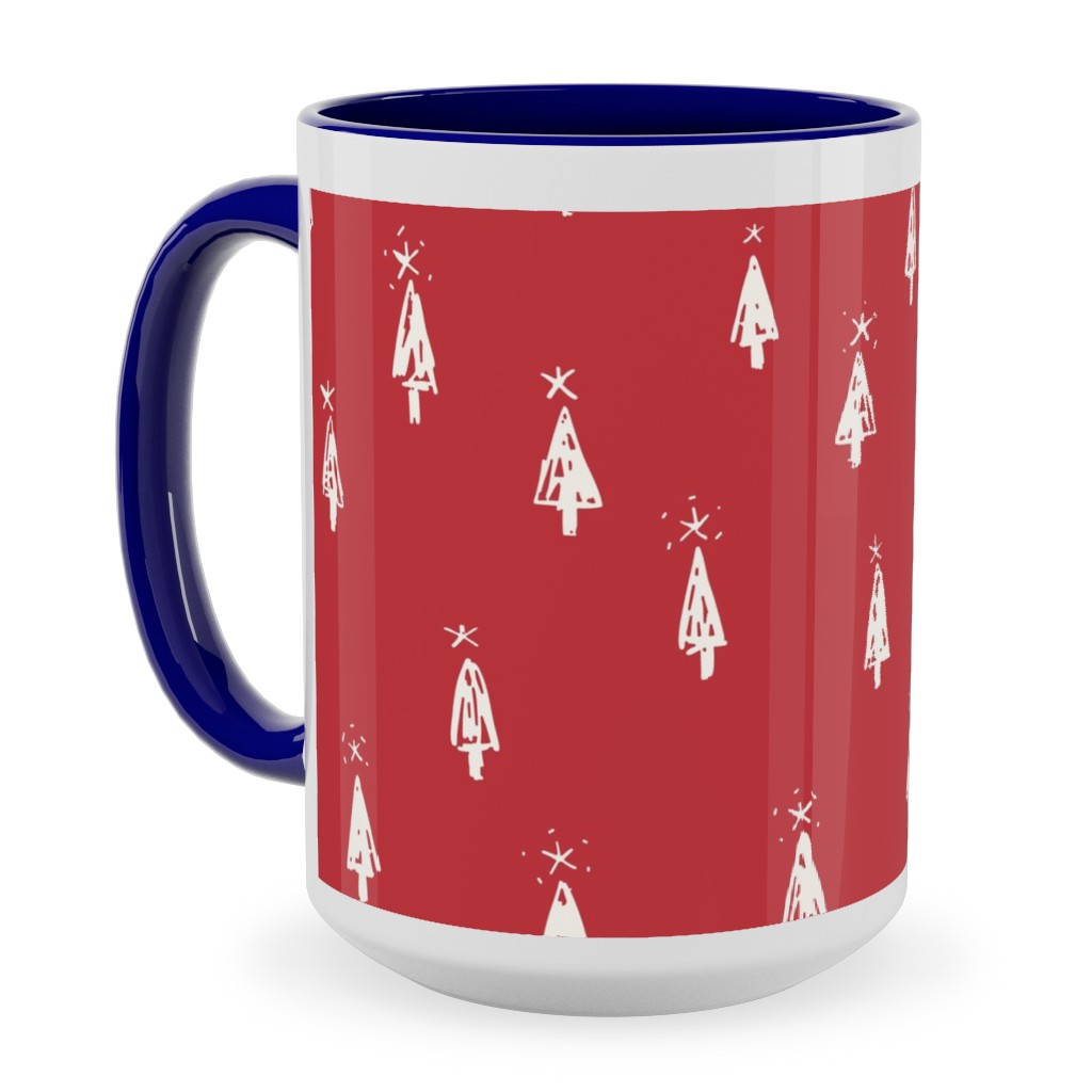 Christmas Trees on Pine Needle Ceramic Mug, Blue, , 15oz, Red, Firecracker