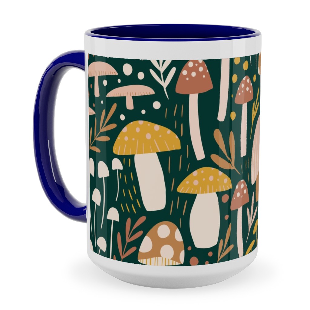 Woodland Mushroom Meadow - Green Ceramic Mug, Blue,  , 15oz, Green