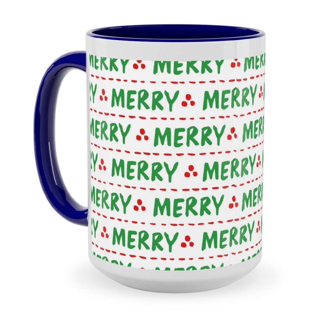 Hand Lettered Merry Ceramic Mug, Blue, , 15oz, Green, Classic Green