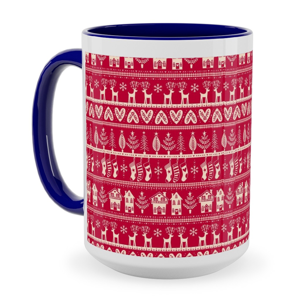Nordic Vintage Christmas Ceramic Mug, Blue, , 15oz, Red, Apple
