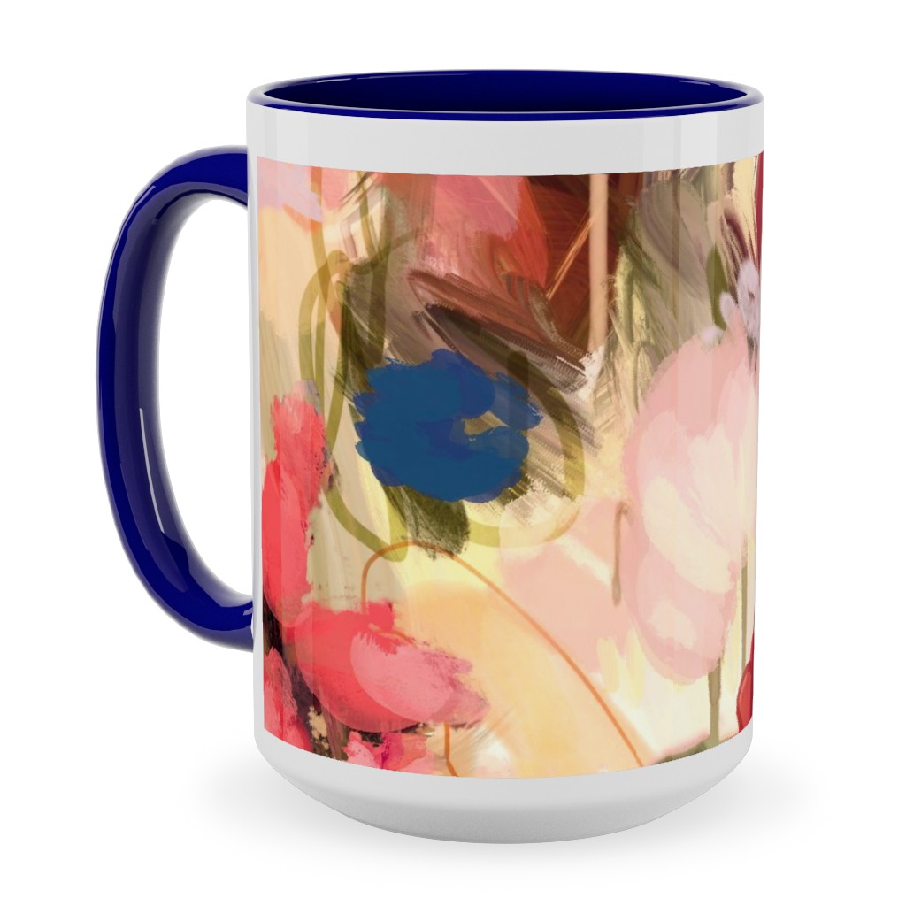 Painterly Abstract Floral Ceramic Mug, Blue, , 15oz, Pink, Bright Pink