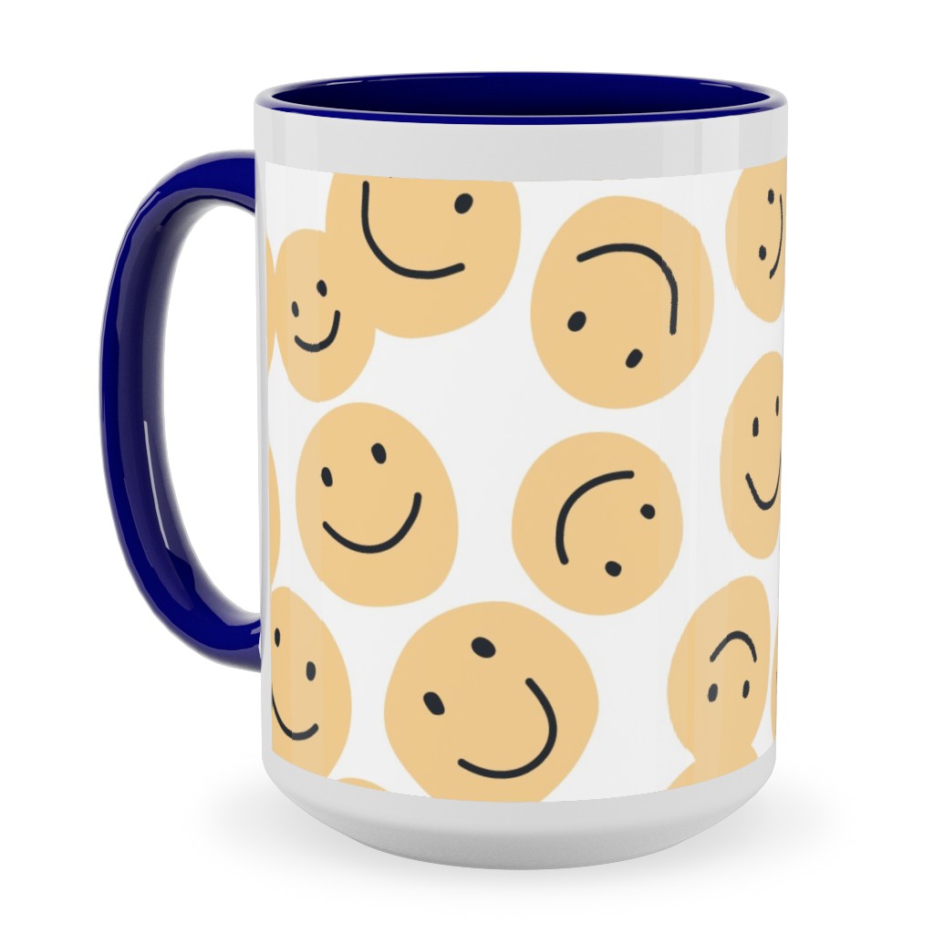 Happy Smiley Faces - Yellow Ceramic Mug, Blue,  , 15oz, Yellow