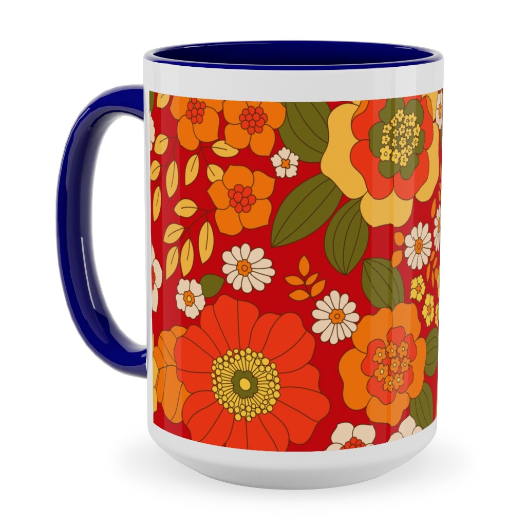 Vintage Flora - Red Ceramic Mug, Blue,  , 15oz, Orange