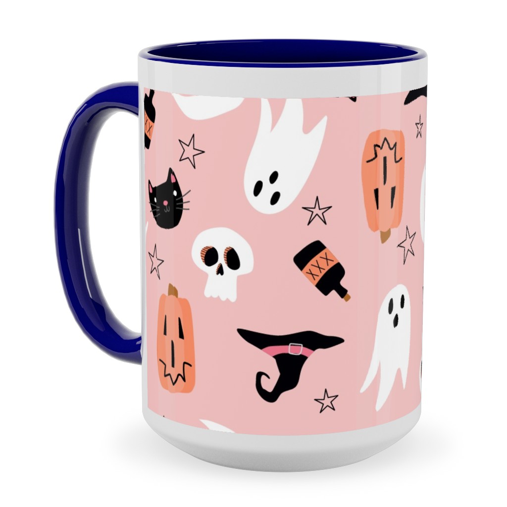 Sweet Halloween Pumpkin, Witch, Ghost, Cat Ceramic Mug, Blue, , 15oz, Pink, Bright Pink