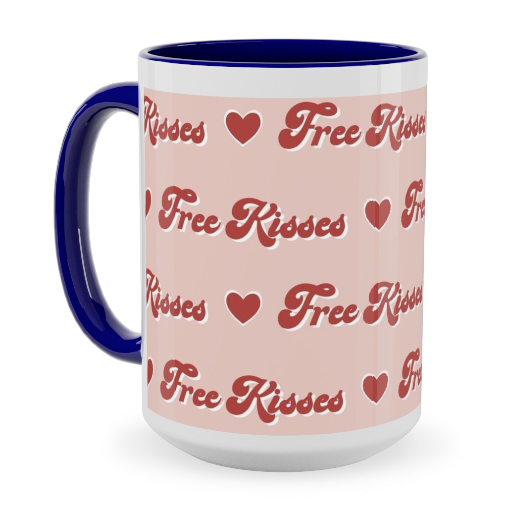 Free Kisses - Retro Hearts - Red on Pink Ceramic Mug, Blue,  , 15oz, Pink