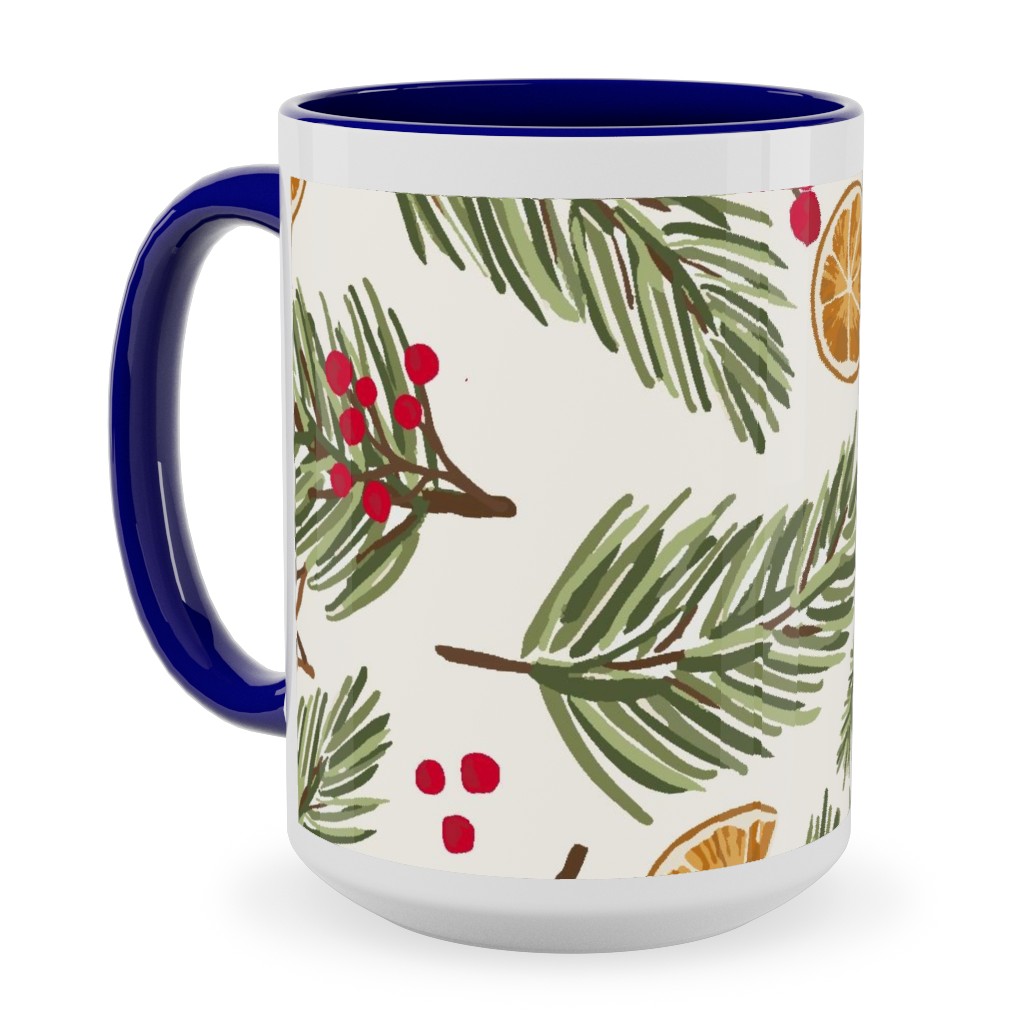 Festive Christmas Pine Sprigs and Orange Slices Ceramic Mug, Blue, , 15oz, Multicolor