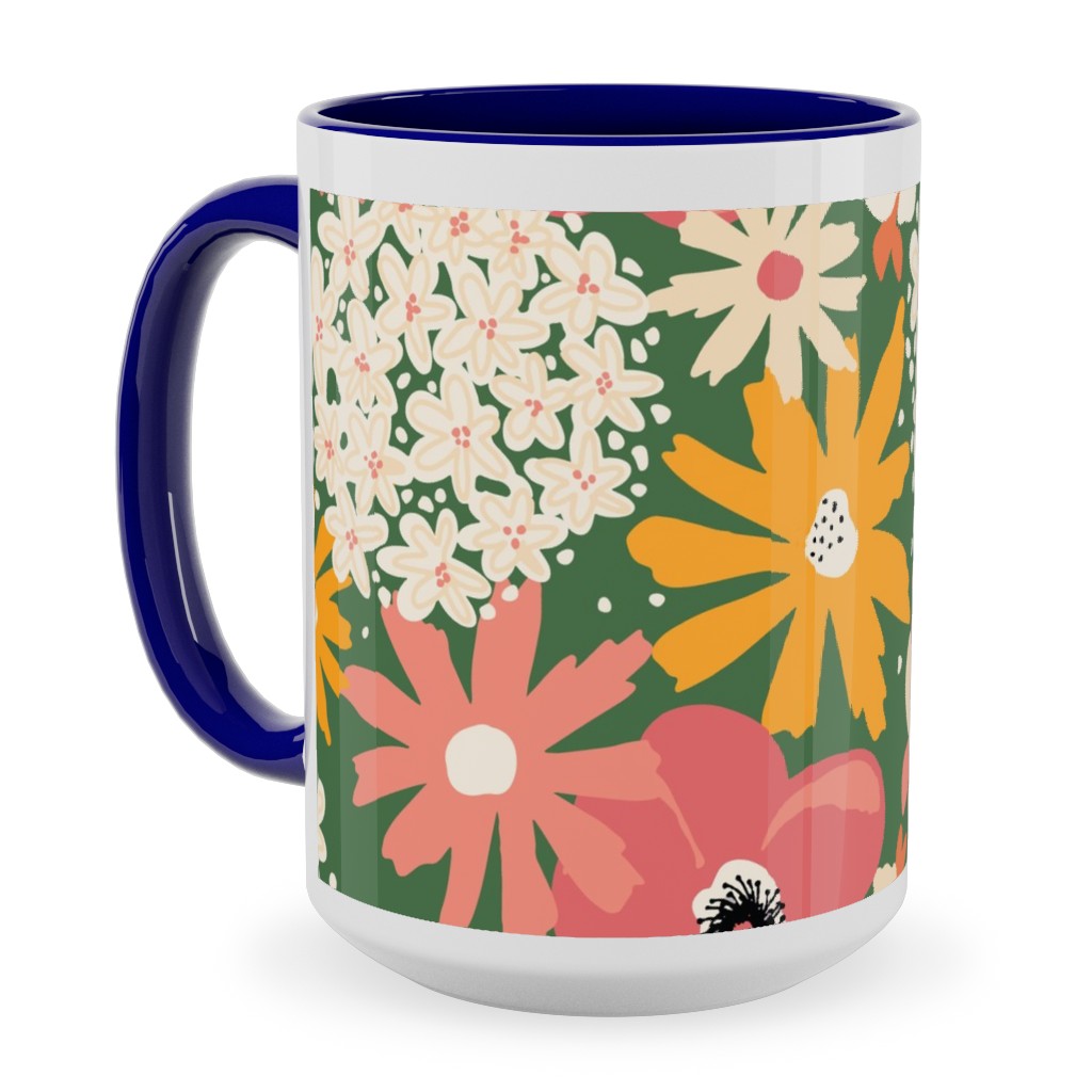 Summer Florals - Green Pink White and Orange Ceramic Mug, Blue,  , 15oz, Multicolor