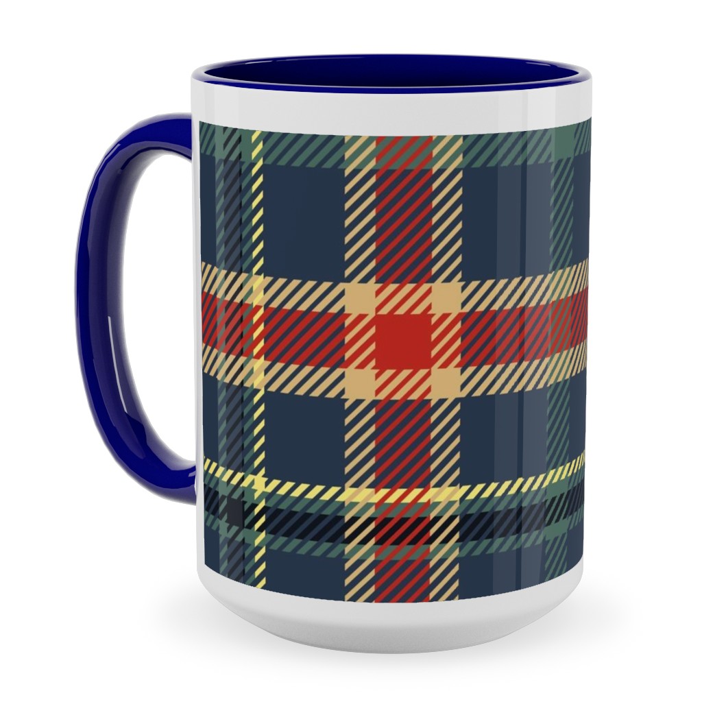 Navy Blue and Pine Plaid Ceramic Mug, Blue,  , 15oz, Multicolor