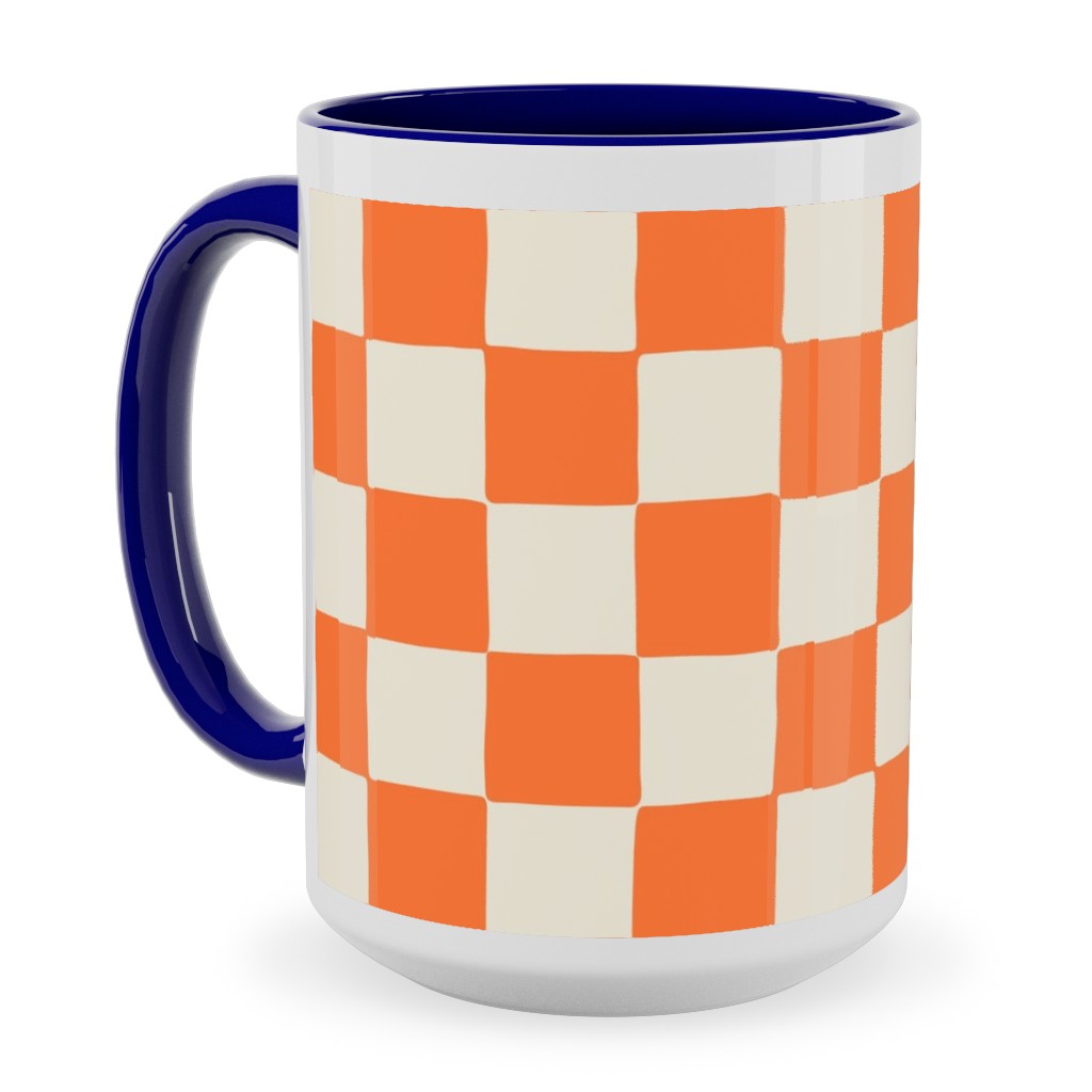 Retro Checkerboard - Bright Orange Ceramic Mug, Blue,  , 15oz, Orange