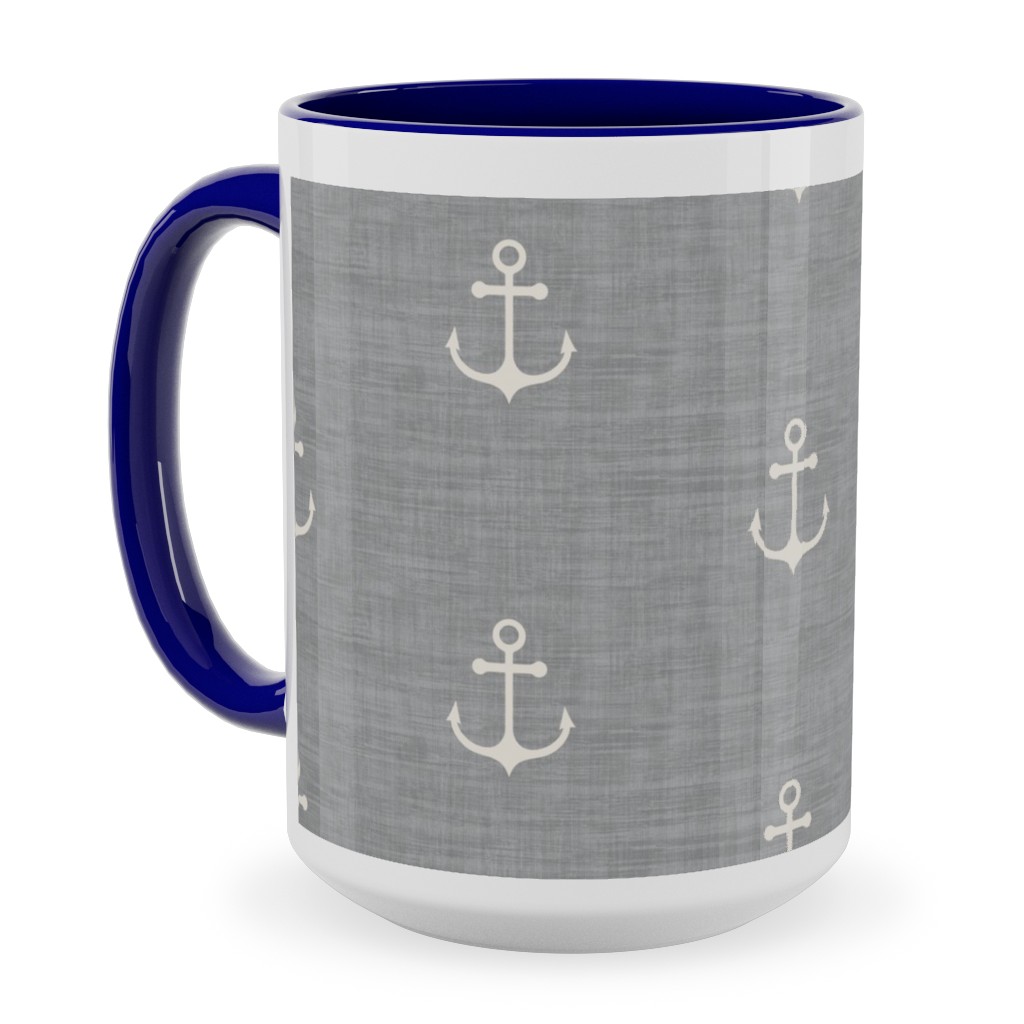 Anchor - Ivory on Light Grey Texture Ceramic Mug, Blue, , 15oz, Gray, Gray