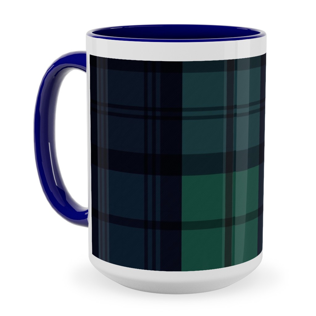 Dark Green Plaid Ceramic Mug, Blue, , 15oz, Green, Classic Green