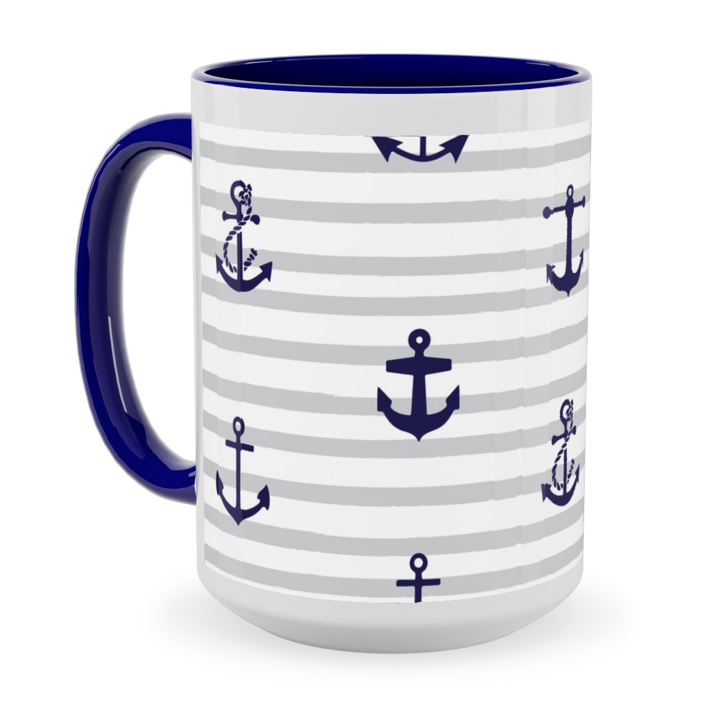 Anchors Away - Black on Gray Stripes Ceramic Mug, Blue,  , 15oz, Gray
