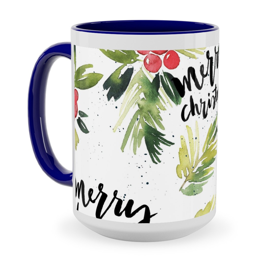Merry Christmas Red Berry Holly Ceramic Mug, Blue,  , 15oz, White