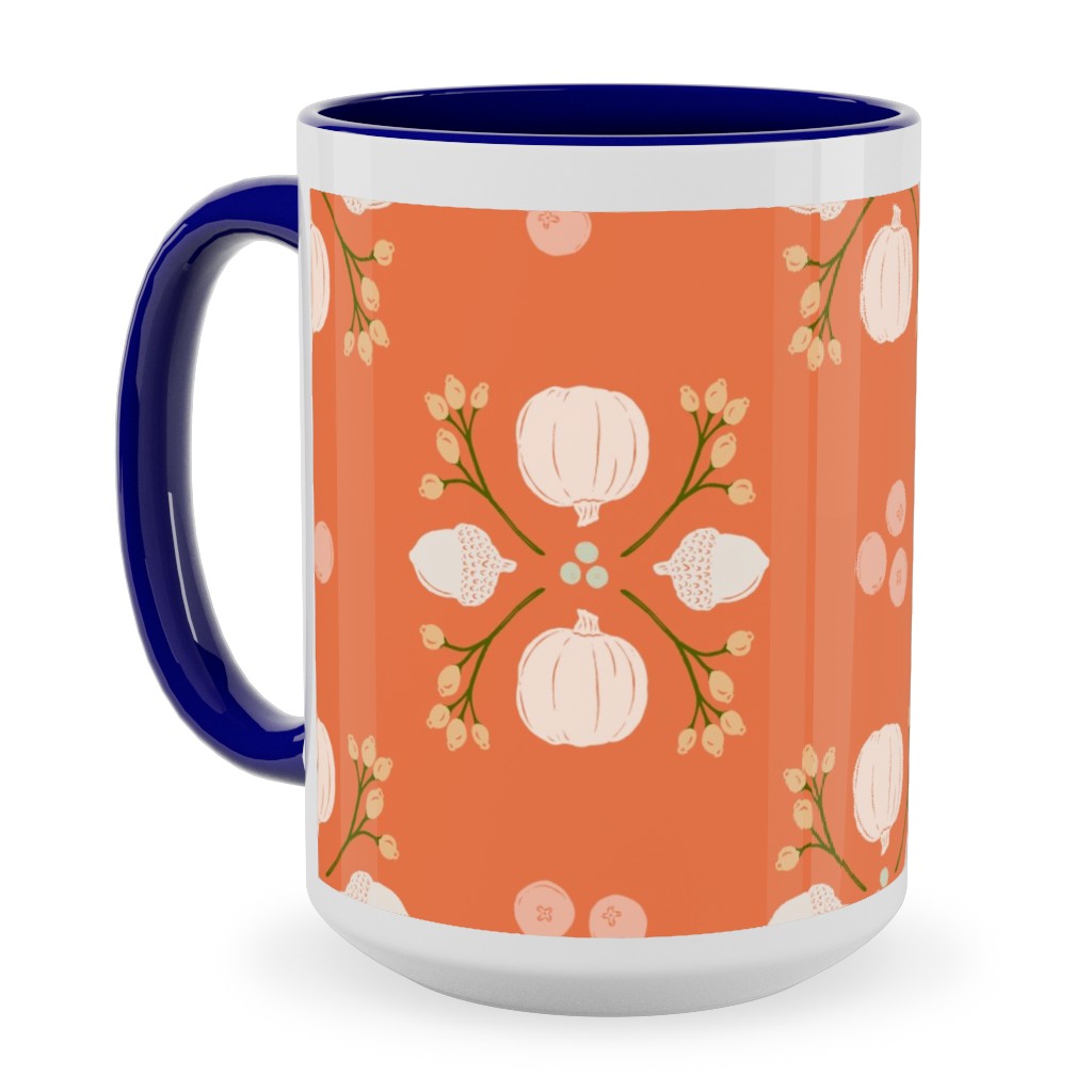 Bright Orange Acorn, Cranberry, & Pumpkin Fall Foliage Damask Ceramic Mug, Blue,  , 15oz, Orange