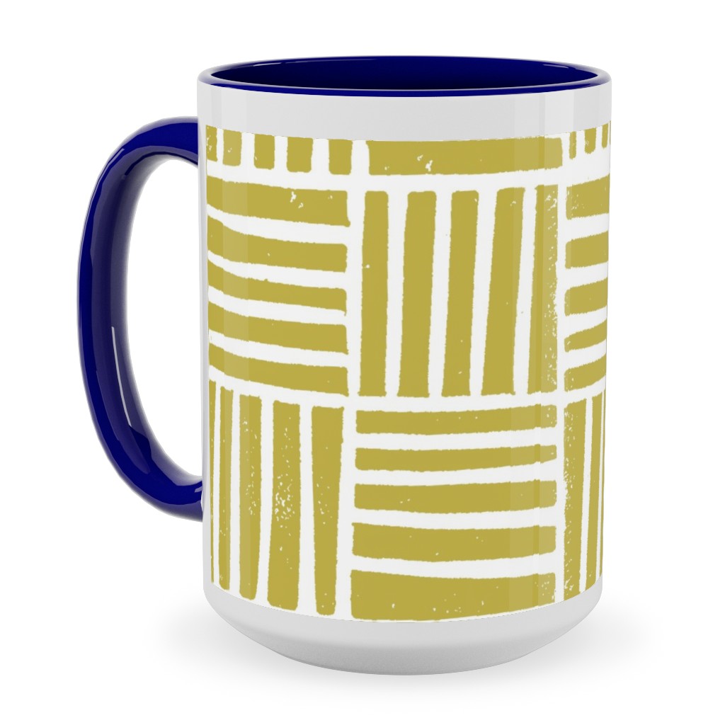 Thatch Stripe Grid - Yellow Ceramic Mug, Blue, , 15oz, Yellow, Classic Yellow