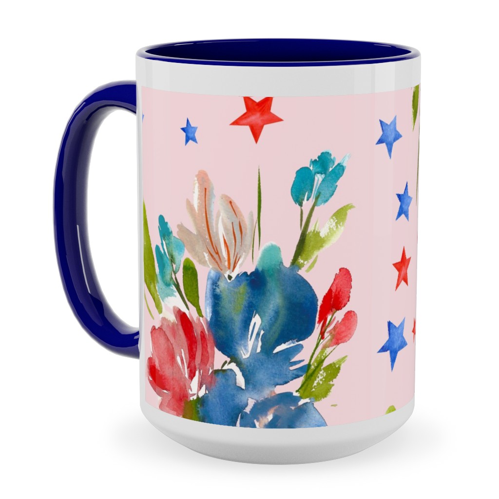 4th of July Florals - Pink Ceramic Mug, Blue, , 15oz, Pink, Bright Pink