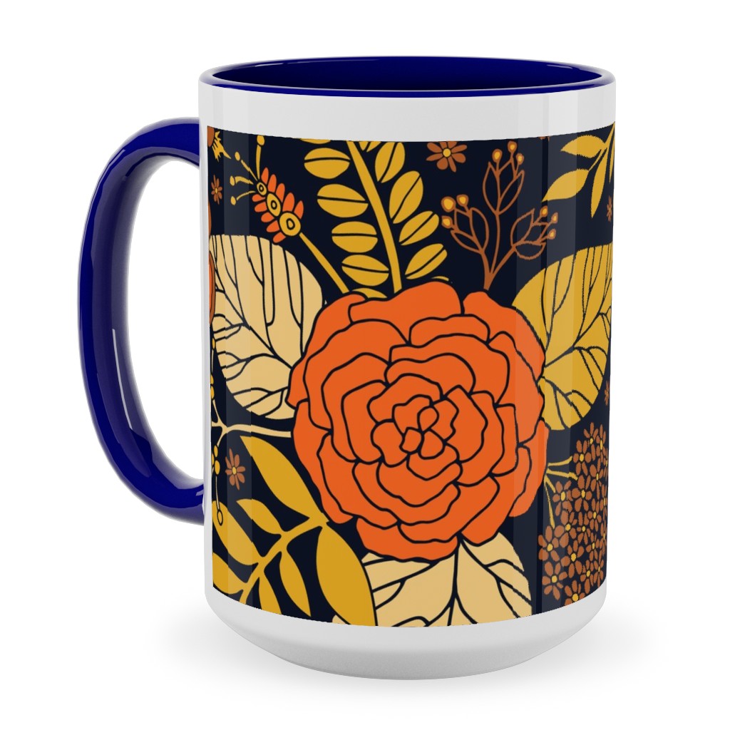 Retro Floral - Orange Brown and Yellow Ceramic Mug, Blue, , 15oz, Orange, Orange