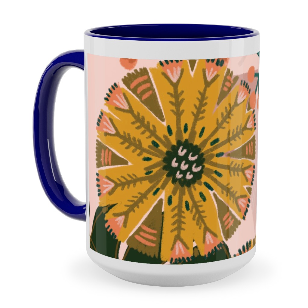 Boho Tropical - Floral - Pink Ceramic Mug, Blue, , 15oz, Multicolor