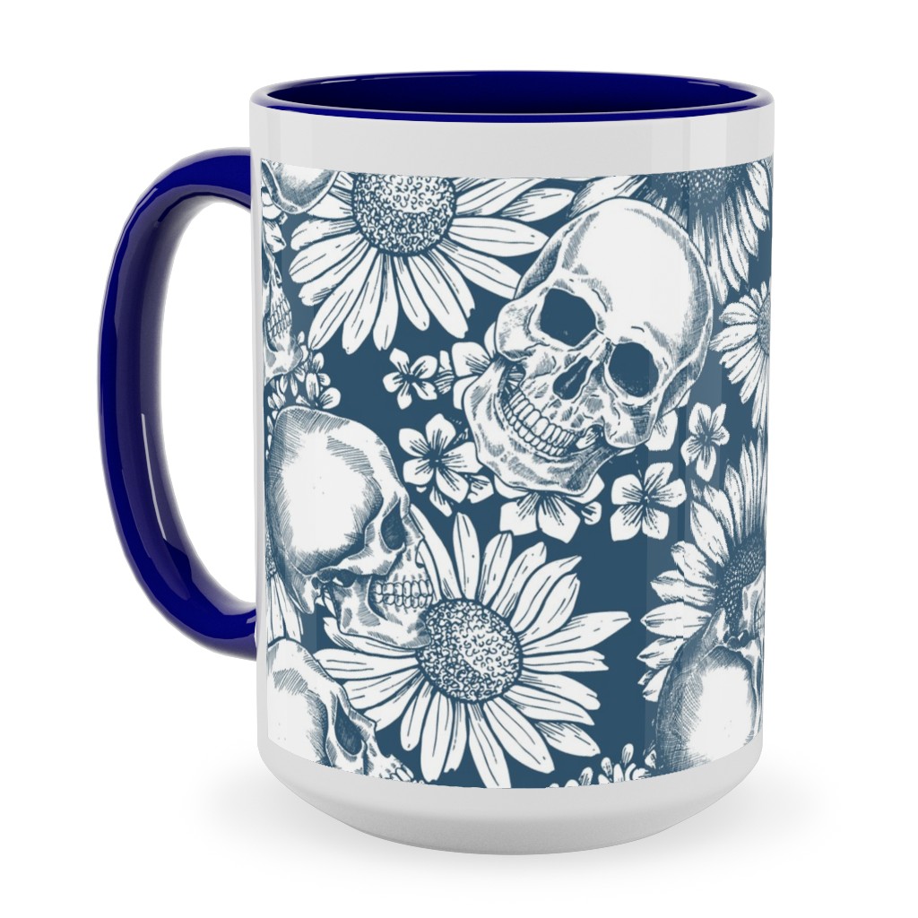 Floral Skull - Blue Ceramic Mug, Blue, , 15oz, Blue, True Blue