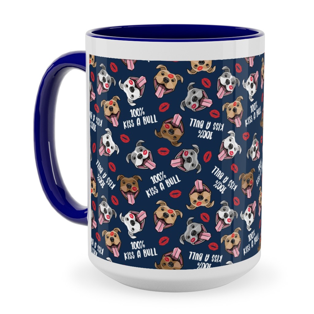 100% Kiss a Bull - Cute Pit Bull Dog - Red and Blue Ceramic Mug, Blue,  , 15oz, Blue