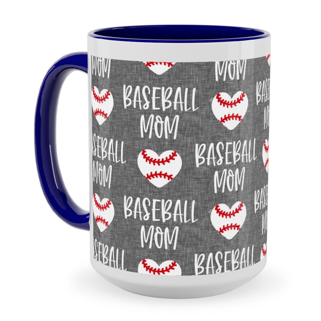 Baseball Mom - Baseball Heart - White on Grey Ceramic Mug, Blue,  , 15oz, Gray