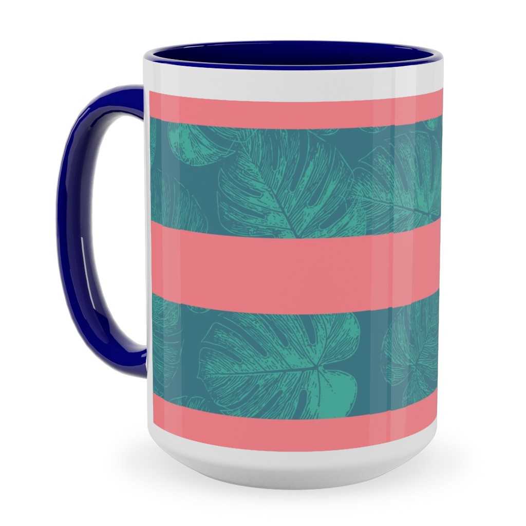 Monstera Leaf Stripes Ceramic Mug, Blue, , 15oz, Green, Classic Green