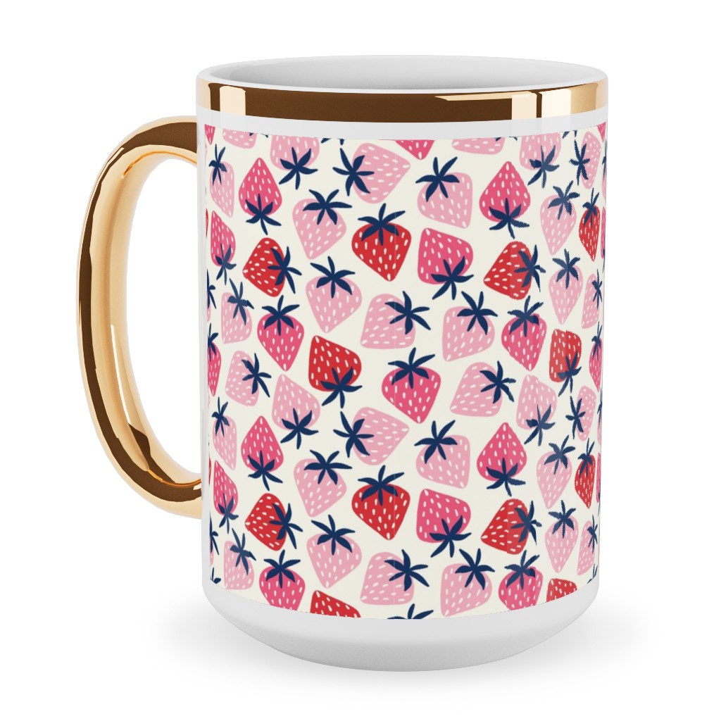 Strawberries - Pink and Red Ceramic Mug, Gold Handle,  , 15oz, Pink