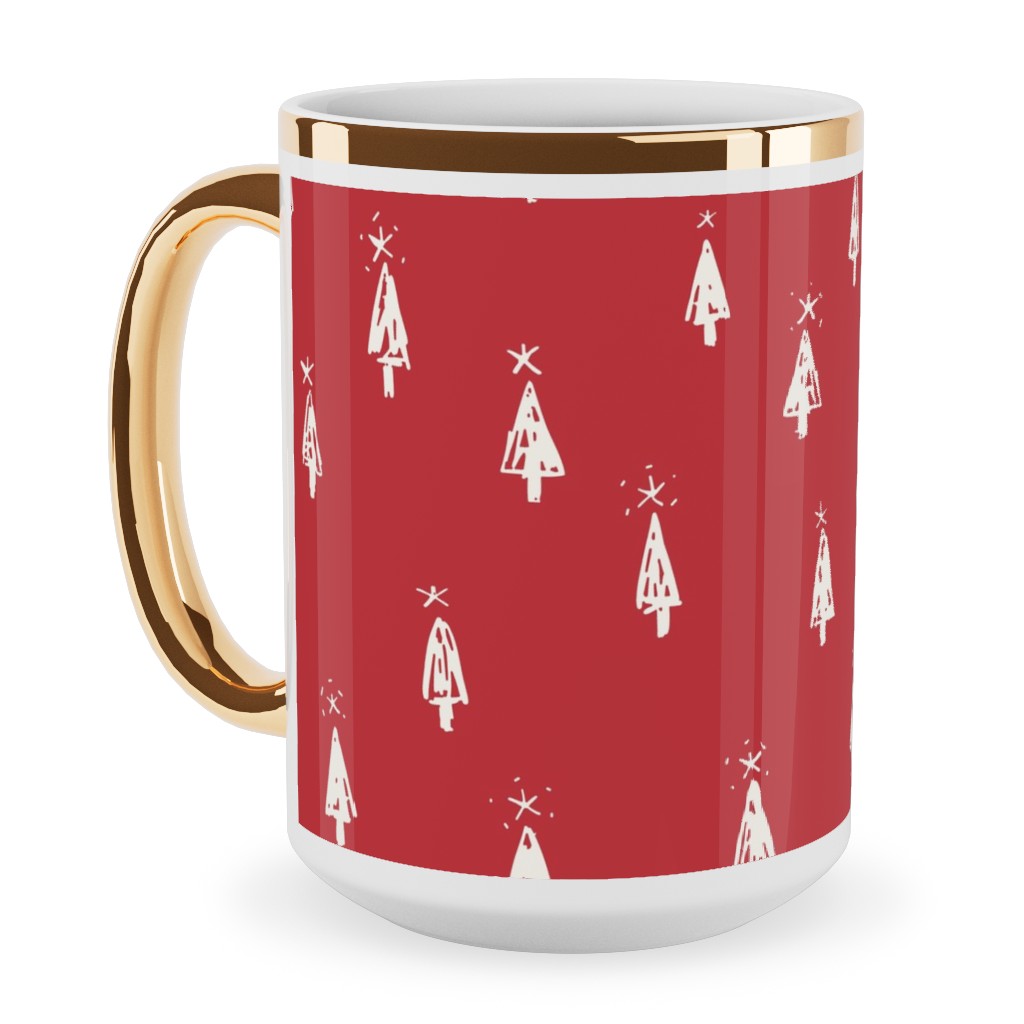 Christmas Trees on Pine Needle Ceramic Mug, Gold Handle, , 15oz, Red, Firecracker
