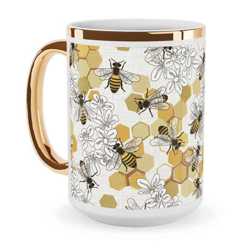 Save the Honey Bees - Yellow Ceramic Mug, Gold Handle,  , 15oz, Yellow