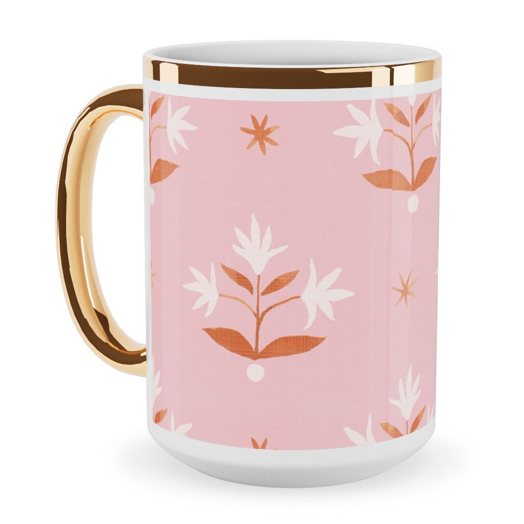 Thistle Stars - Pink and Orange Ceramic Mug, Gold Handle,  , 15oz, Pink