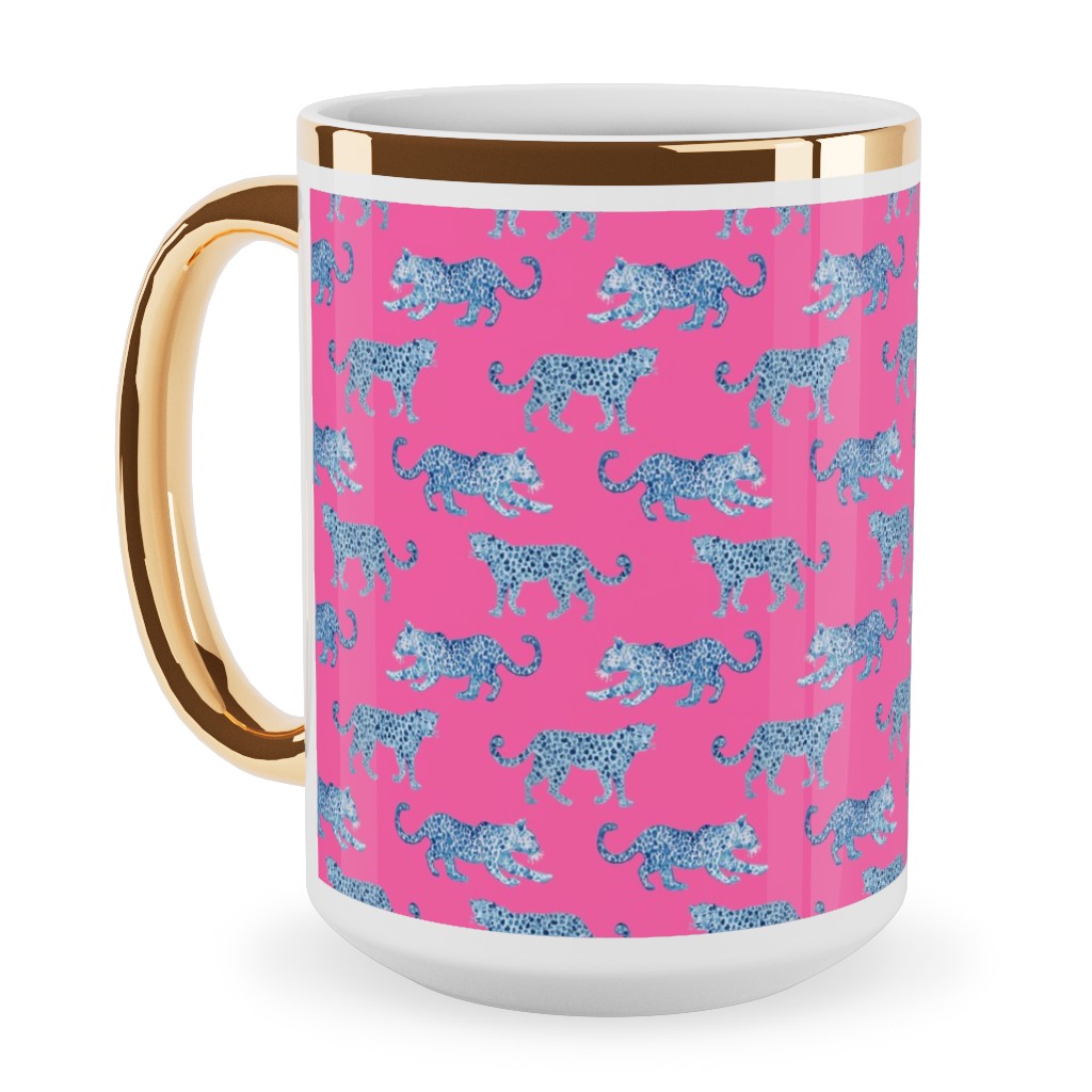 Tiny Leopard Parade - Blue on Hot Pink Ceramic Mug, Gold Handle, , 15oz, Pink, Bright Pink
