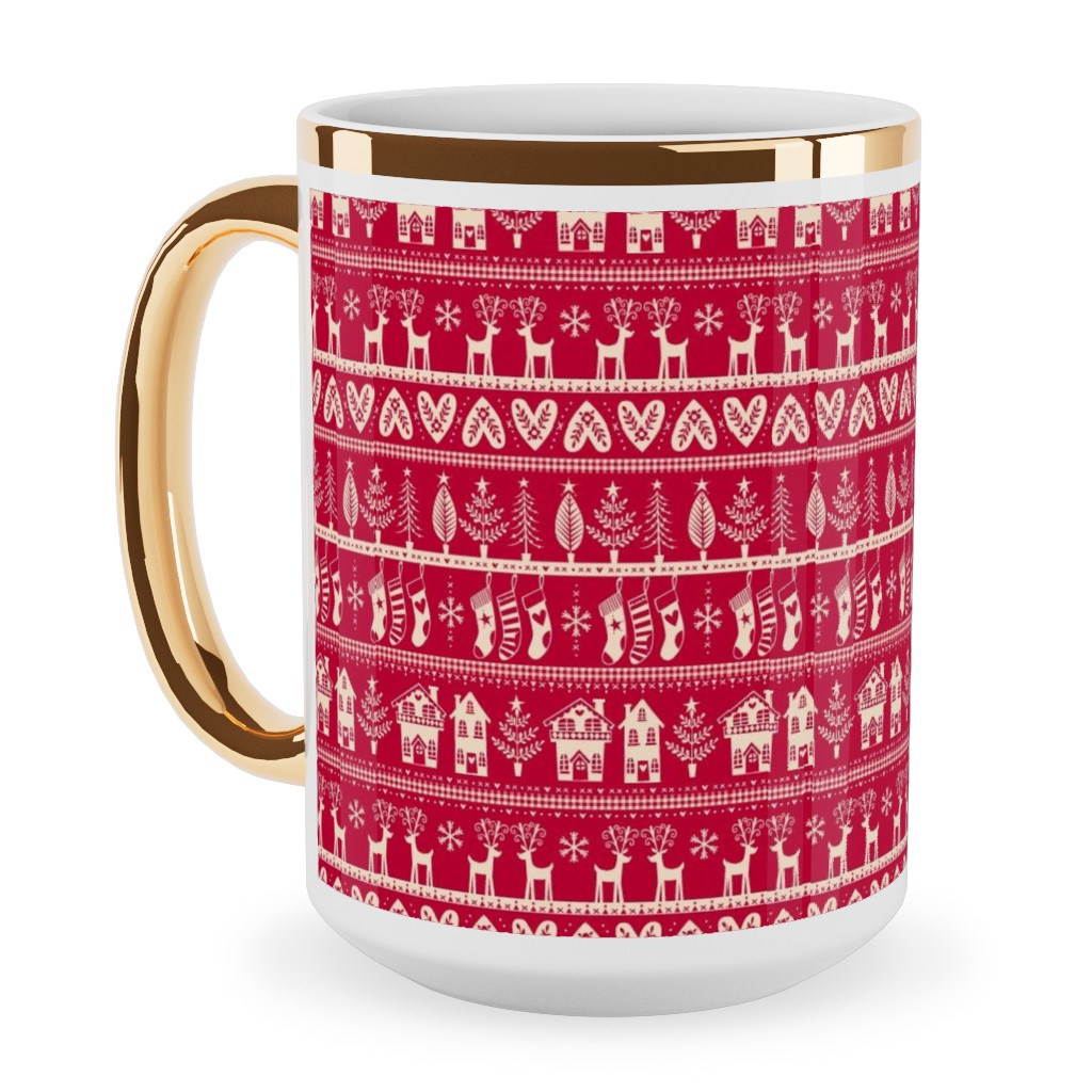 Nordic Vintage Christmas Ceramic Mug, Gold Handle, , 15oz, Red, Apple