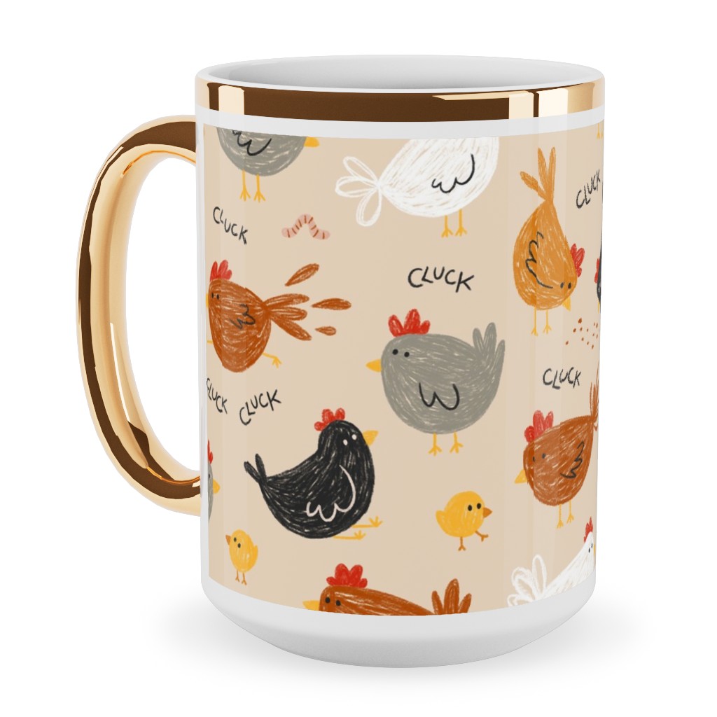 Hens - Brown Ceramic Mug, Gold Handle,  , 15oz, Beige