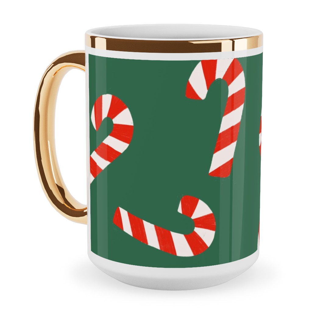 Candy Cane Pattern Ceramic Mug, Gold Handle,  , 15oz, Green