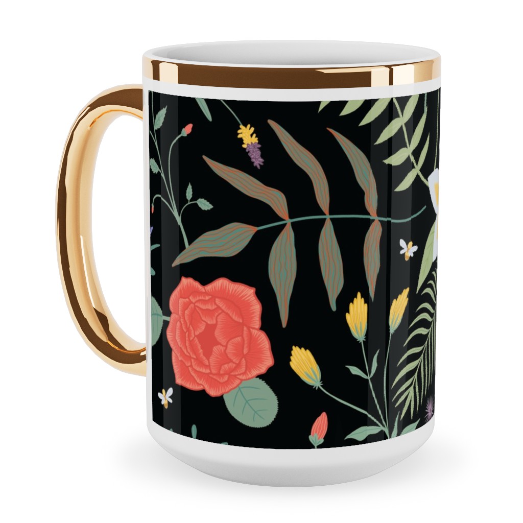 Hawaii Floral - Black Ceramic Mug, Gold Handle, , 15oz, Multicolor